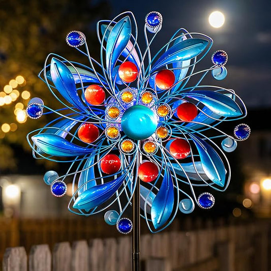 Solar Wind Spinner with Glass Ball - Lighted Kinetic Metal Yard Art with Jeweled Accents - Vibrant Blue Floral Windmill Outdoor Garden Decor for Patio, Lawn, and Pathway