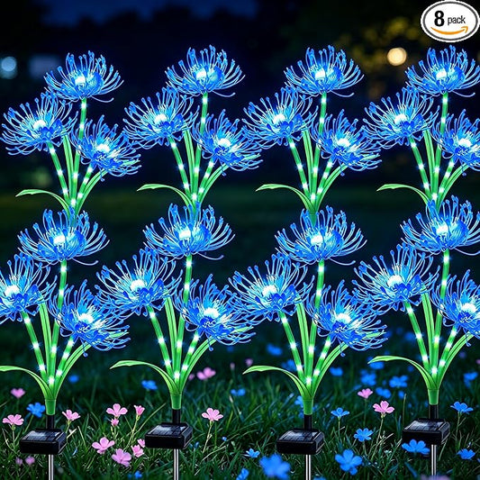 VOOKRY Solar Lights Outdoor, 8 Pack Blue Spider Lily Garden Flower Lights | 3Heads per Stem& Individual Solar Panels, Warm White LED Waterproof Yard Lawn Pathway Decor,Decorative Garden Gifts for Women