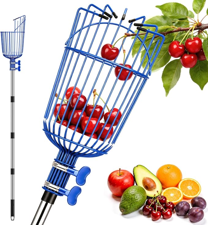 Fruit Picker Pole with Basket, Adjustable Fruit Tool for Apple Avocado Cherry Citrus Lemon Orange Peach Picking(40-130")