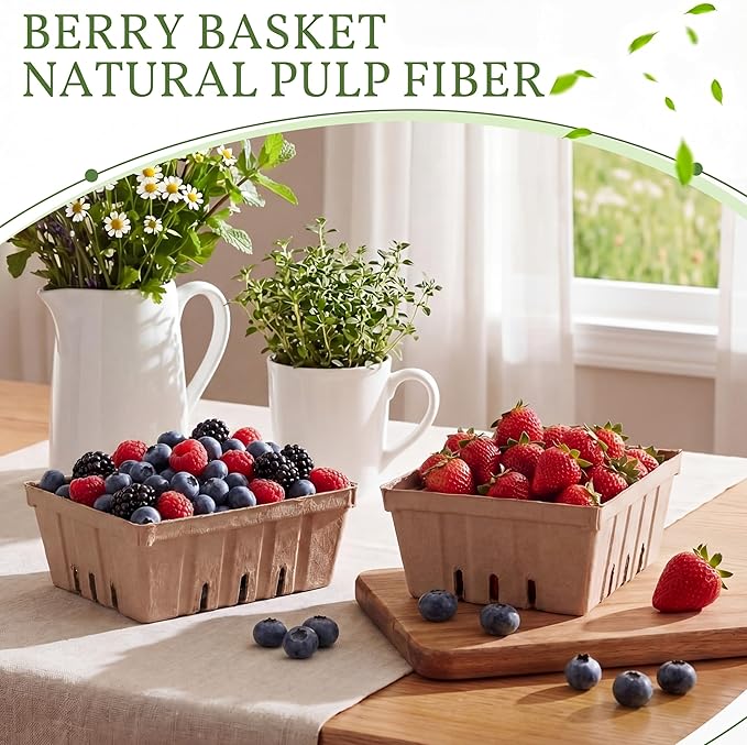 Reallnaive 20 Pack Natural Pulp Fiber Berry Baskets 3 Pint, Small Molded Produce Vented Basket for Strawberry, Blueberry, Raspberry, Vegetables, Farmers Market, Fruit Picking, Garden Harvest, Party