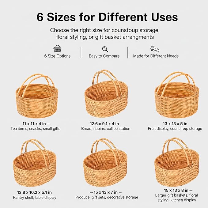 Handwoven Rattan Storage Basket with Handles, Natural Wicker Decorative Basket for Kitchen Counter, Pantry Organization, Floral Arrangement, Gift Packaging & Home Decor
