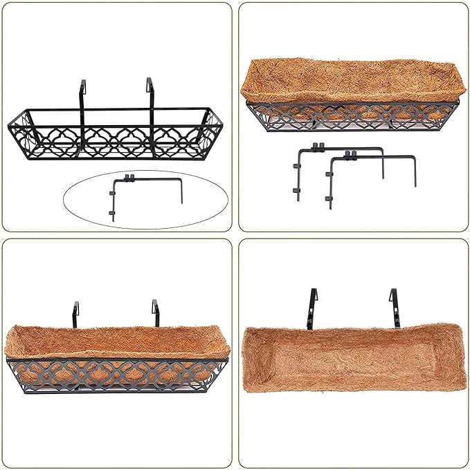 HFHOME 4 Pcs 30" Window Box Deck Railing Planter with Horse Trough Coco Liners, Black Metal Hanging Flower Planters Baskets for Indoor, Outdoor, Balcony, Porch, Fence, Patio, and Lawn