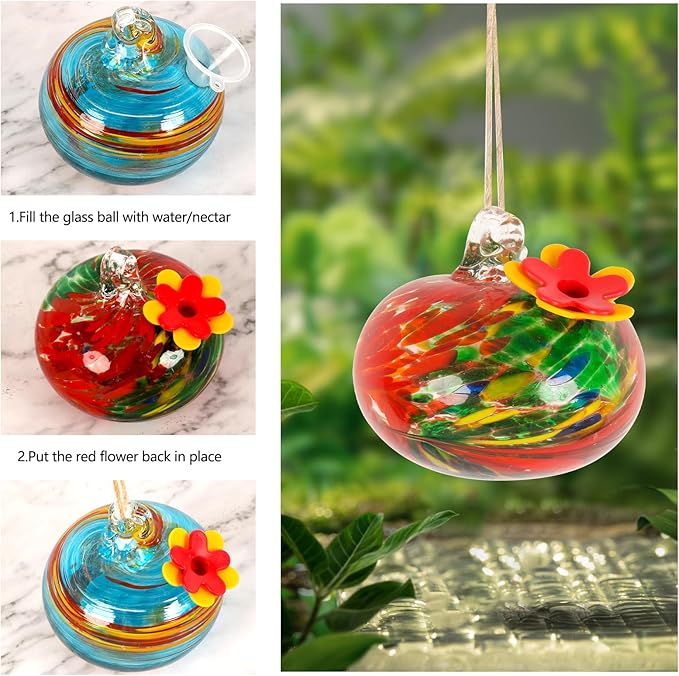 2 Pcs Blown Glass Hummingbird Feeder for Outdoors Hanging, Ant & Bee Resistant Window Bird FeederHandmade Garden Decor Gift for Women - Small Round Glass Feeders Bundle (Ellipse B2)