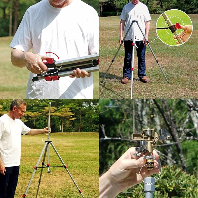 Eden 94157 PRO The Heaviest Weight Tripod (5.37 lbs) Metal Telescoping Tripod Brass Impulse Sprinkler with Premium Quick Connect Starter Set, Watering up to 6,360 Sq. Ft