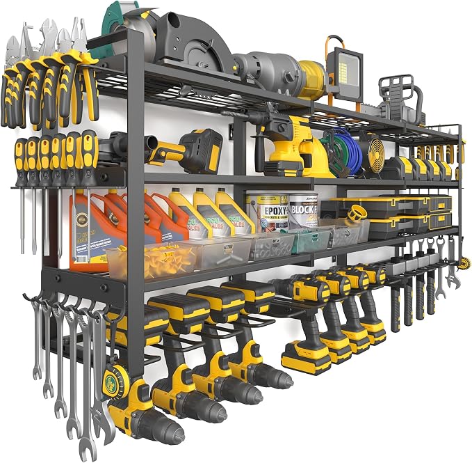 Jusgym Large 49''W Power Tool Organizer Wall Mount |650lbs Tool Garage Storage Rack with 12 Cordless Drill Holder |4-Tier Heavy Duty Garage Organization |Gifts for Men