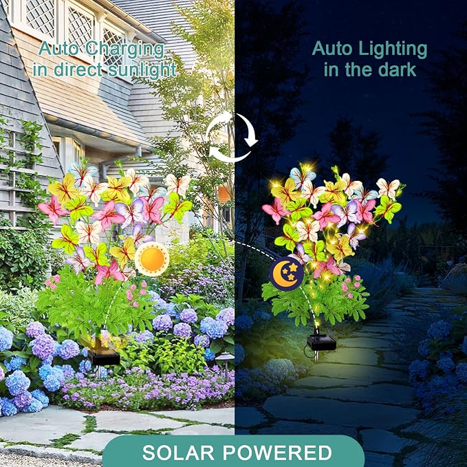 VOOKRY Butterfly Solar Garden Lights Outdoor, 2 Pack Solar Flower Garden Decor, Waterproof Decorative Lights for Outside Patio Yard Pathway Lawn Grave Cemetery, Gardening Gifts for Women Mother's Day