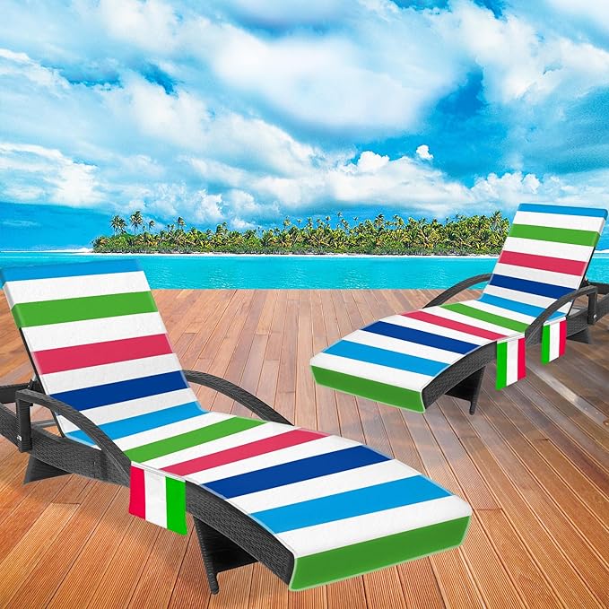 2-Pack Lounger Towel Cover with 3 Pockets, Chaise Durable Horizontal Striped Cover for Pool, Beach, Garden & Outdoor Use, 85x30 Inch, Blue Green Red Design