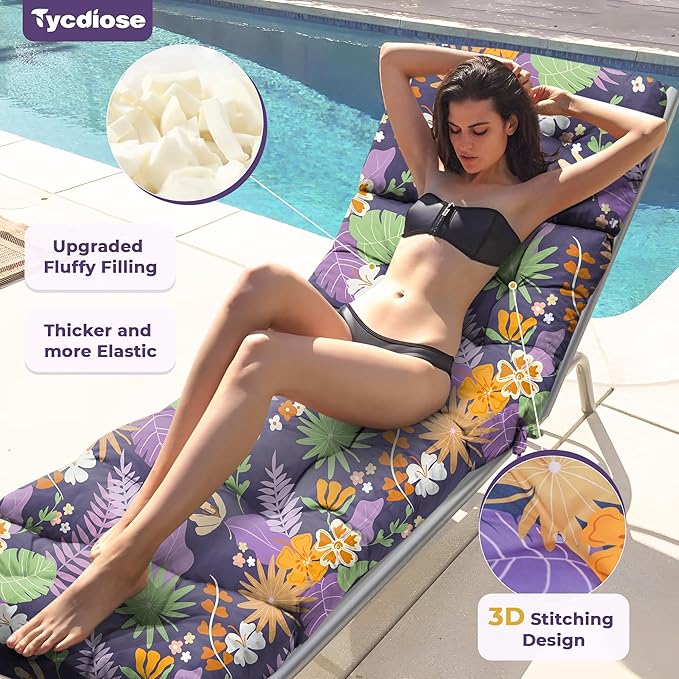 Outdoor Chaise Lounge Chair Cushion Waterproof 74.4 x 22 x 4.7 Inches Thickened Memory Foam Patio Lounge Chair Cushions Replacement for Outdoor Furniture with Ties, Purple Floral Leaf