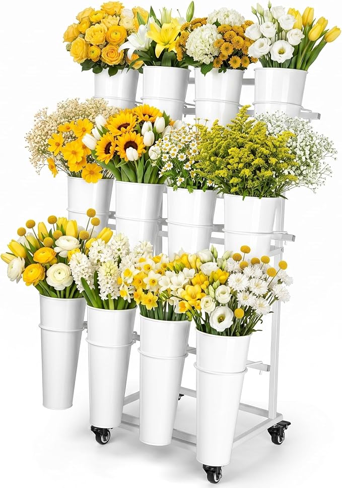 Flower Display Stand With 12 Buckets,3-Tier Flower Bar Stand with Wheels,Flower Cart Display Stand for Florist Garden Wedding Home Decor