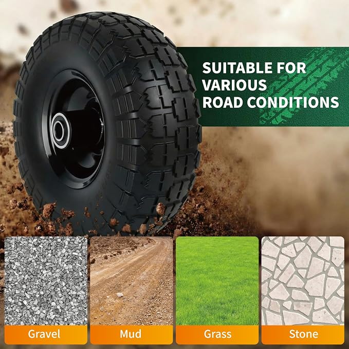 10 Inch Soild Dolly Tire Wheels 5/8" Axle,4.10/3.50-4 Tire and Dolly Wheel Flat Free for Hand Truck,Wheelbarrow Garden Cart, Wagon,Lawn Mower and Gorilla Cart Tires(4 Packs,Black)