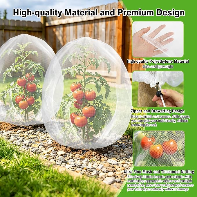 4PCS 2.7Ft × 3.3Ft Fruit Tree Netting with Zipper and Drawstring, 60 Mesh Thickened Garden Bird Netting for Blueberry Bushes, Fruits, Vegetables, Insect Bird Barrier Mesh Protective Cover