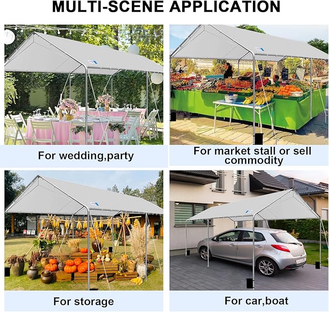 Carport Canopy 10'x20' Heavy Duty Carport, Waterproof & UV Protected Garage Top Tarp Shelter Cover with Reinforced Steel Cables, Outdoor Portable Garage for Car, Boat Tent, Light Grey