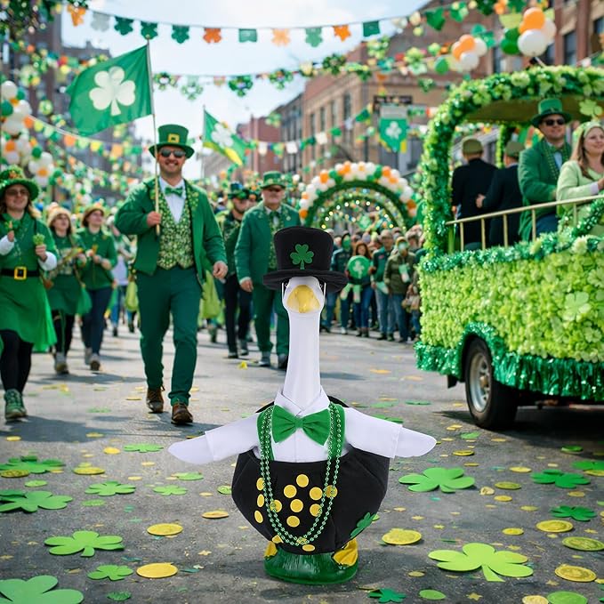 Watayo 4 Pcs/Set St. Patrick's Day Porch Goose Outfits, Shamrock Gold Coin Lawn Goose Statue Costume, Irish Clover Pot Garden Goose Clothes with Hat Bead Necklaces for 23" High Statue Patio Yard Decor