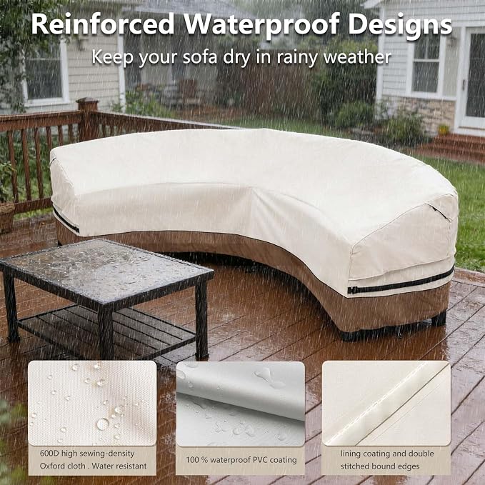 okcool Outdoor Sectional Cover,Curved Patio Furniture Covers for 5-7 Seater Outdoor Furniture Couch,190"(Back Arc Length) / 126"(Front Arc Length) x 32"(Deep),Beige & Brown