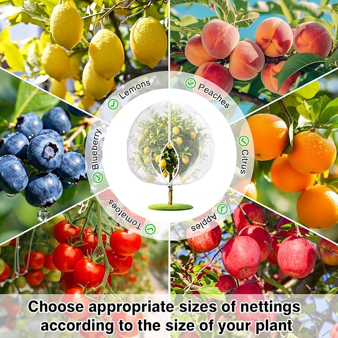 4PCS 4.6Ft × 5.9Ft Fruit Tree Netting with Zipper and Drawstring, 60 Mesh Thickened Garden Bird Netting for Blueberry Bushes, Fruits, Vegetables, Insect Bird Barrier Mesh Protective Cover