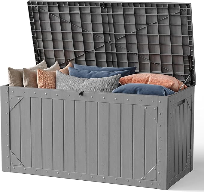 Outdoor Storage Box, 98 Gallon Deck Box, Outdoor Storage Bench, Waterproof Resin Storage Bench with Lockable Lid, Patio Furniture Cushions & Garden Tools Storage, UV Resistant (Gray)