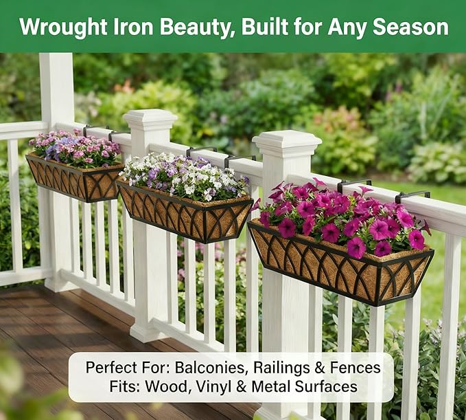 Y&M Hanging Railing Planter Boxes 4 Pack, 24 Inch Adjustable Balcony & Deck Planter, Heavy Duty Metal Flower Box for Porch, Fence & Window, Outdoor Plant Holder