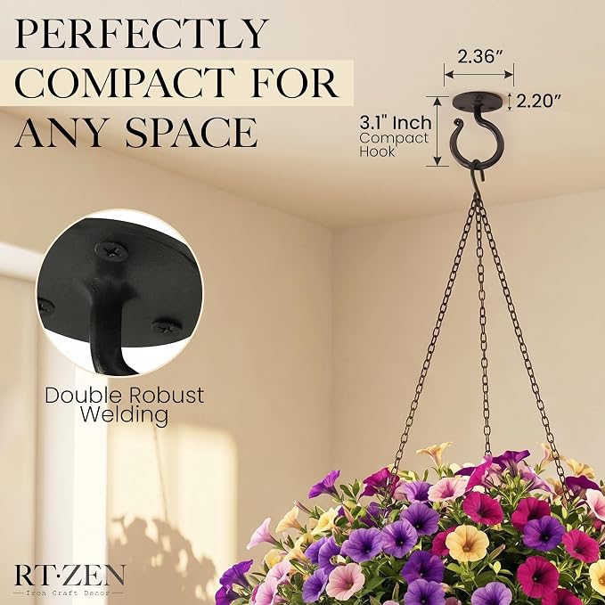RTZEN Plant Hangers Outdoor or Indoor - Wrought Iron Metal Hanger Indoor Hook - Heavy Duty Wall Bracket Hooks for Hanging Plants Baskets Lanterns Bird Feeders - 2 Pack (Black Ceiling Hooks 3.1")