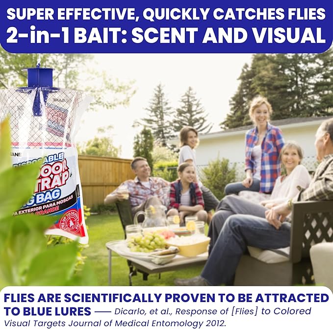 Fly Traps Outdoor Fly Trap for Patio. 4 Large Non-Toxic Pre-Baited Flies Bags Outdoor Disposable. Big Hanging Bug Catchers for All Filth Flies Killer for Outside Bug Control in Yard Horse Ranch.