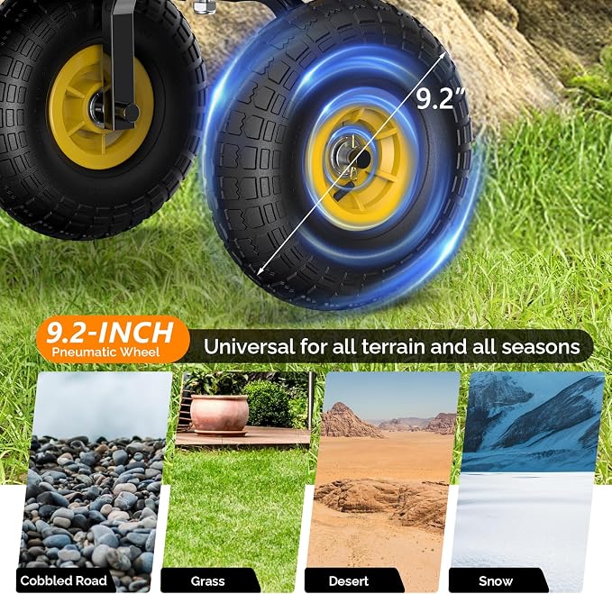 VINGLI Wagon Cart, Steel Frame and Wood Coated Railing, 330lbs All Terrain Wagon 9.2in Air Tires for Garden and Outdoor (Yellow)