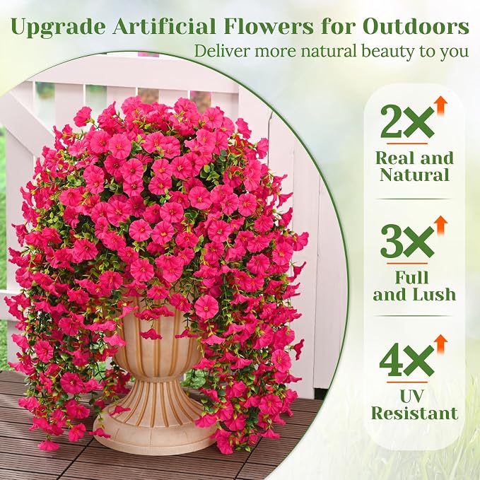 MARTINE MALL 8 Pcs Look Real Artificial Flowers for Outdoors, Realistic Artificial Hanging Flowers for Outdoors, UV Resistant Fake Hanging Plants Silk Petunia Faux Flowers for Porch Patio, Rose Red