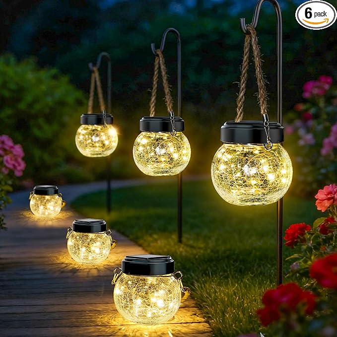 ROSHWEY 6 Pack M Size Solar Lantern Gifts for Women, Hanging Garden Decor Solar Lights Outdoor Waterproof with 15 LED for Halloween Christmas Easter Gift
