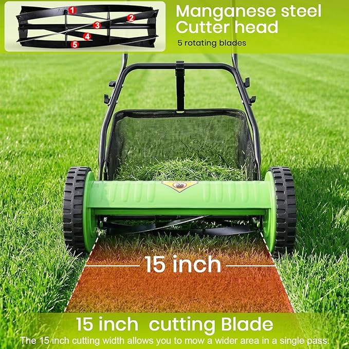 FDW 15-Inch Manual Push Reel Lawn Mower with 5 Steel Blades, Adjustable Cutting Height & Grass Catcher – Cordless, Eco-Friendly Yard and Garden Cleaner