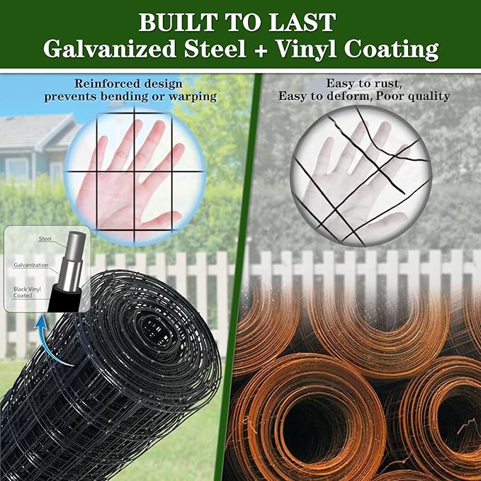 Chicken Wire Fencing 2inch x 3inch 48inch x 100ft 16GA Black PVC Coated Welded Wire Fence Garden Border Fencing Roll Metal Wire Mesh for Yard Vegetable Protection Goat & Poultry Netting