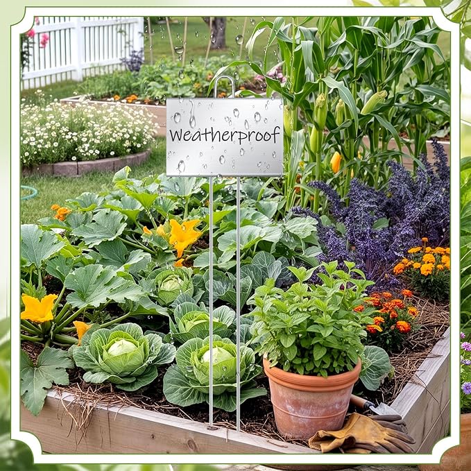 Landhoow 30 Pcs Large Garden Plant Markers Metal Plant Labels Sign 4'' x 6'' with 21'' Stake Weatherproof Waterproof Garden Sign for Outdoor Tree Seedlings Herbs Vegetable Greenhouse, Silver