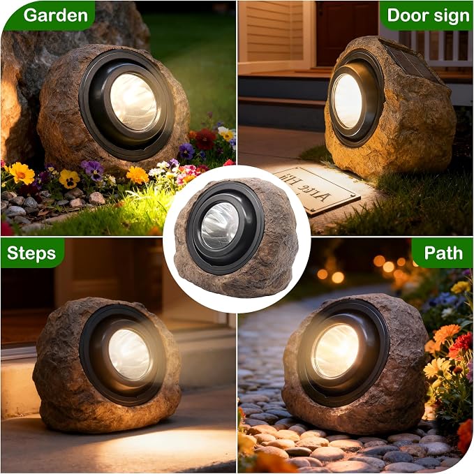 Solar Rock Lights Outdoor,2 Pack IP65 Waterproof LED Solar Brown Garden Stone Spotlights,Warm White & Cool White Switchable,Auto On/Off Landscape Lights for Pathway Walkway Yard Patio