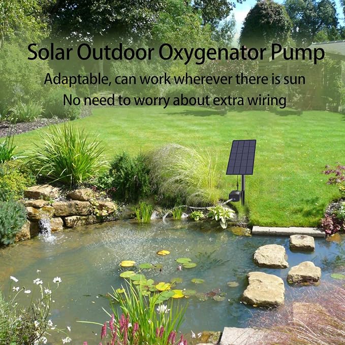 Solar Fish Tank Oxygen Pump, 2W Plug-in Aquarium Oxygenator, Fishing Oxygenator Air Pump with Piped Bubble Rock for Fish Tanks, Outdoor Ponds (Single Head Direct Drive)