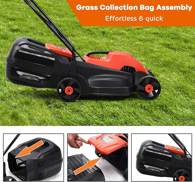 Happygrill Lawn Mower 13-Inch Electric Lawn Mower, Handle Push Corded Lawn Mowers with Grass Bag, Folding Handle, Adjustable Cutting Height for Garden Yard, 12 Amp,Red
