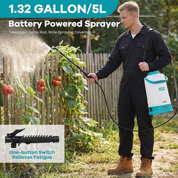 1.32 Gallon Battery Powered Sprayer with Adjustable Shoulder Strap, 0-60 PSI Adjustable Pressure, Electric Sprayer with 1 Nozzles and 1 Wands, 12V 2Ah Battery, Wide Mouth Lid for Weeding, Spraying