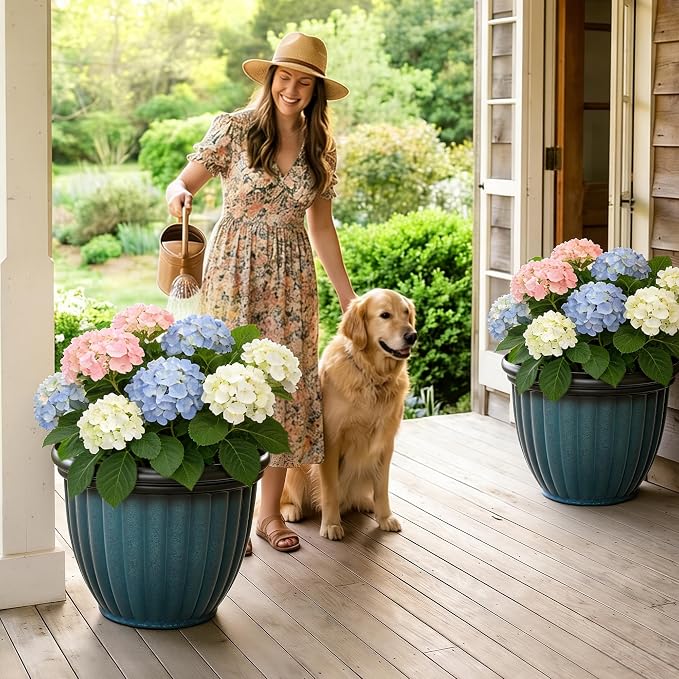 15" Large Flower Pots, Set of 2 Plastic Planters for Outdoor Indoor Plants with 3D Ribbed Textures, Drainage Holes, Weather-Resistant Planters for Porch Garden Patio, Gradient Teal Blue