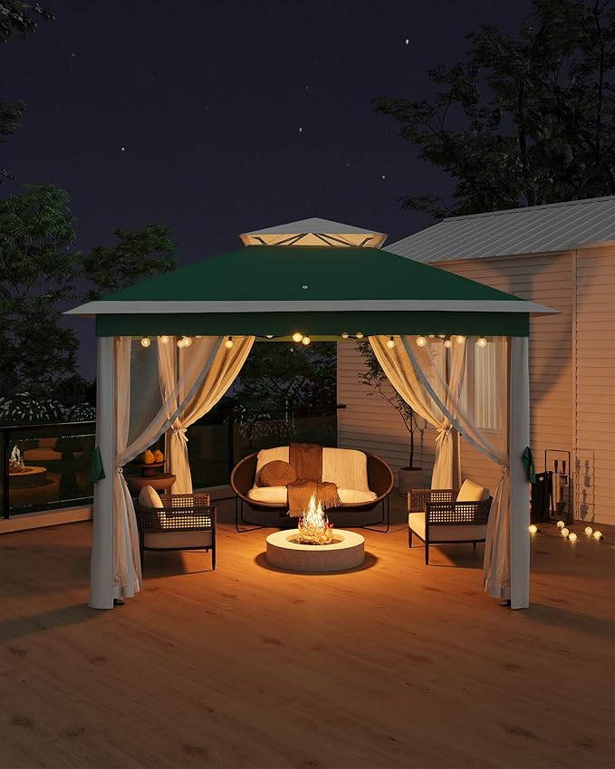 GarveeLife 11'x11 Pop-Up Gazebo, Instant Outdoor Canopy Tent with Mosquito Nettings, Durable Steel Frame, Water, and UV Proof, for Patio, Garden, Courtyard, Party (Green)