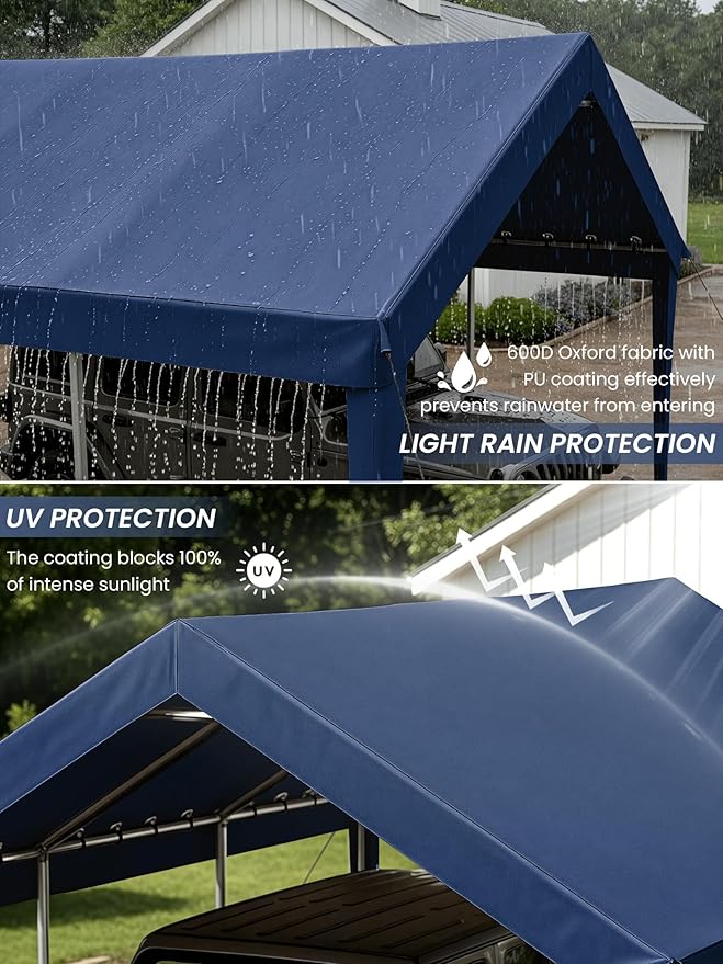 12 x 20 Ft Carport Replacement Cover, Heavy Duty Outdoor Car Tarp Canopy, Waterproof & UV Protected Tear Oxford Tarp with Ball Bungees (Frame is Not Included)