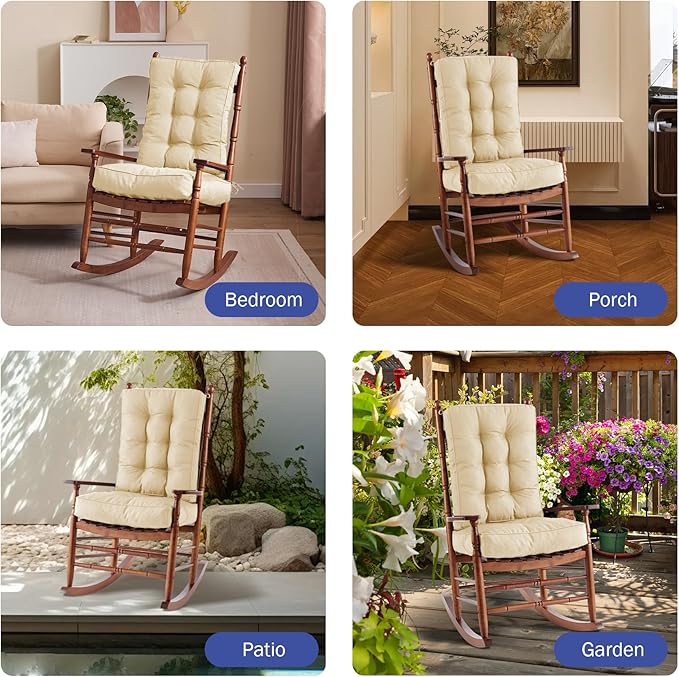 IPYNBAP Rocking Chair Cushion, Waterproof and Fade-Resistant Patio Chair Cushions, Tufted Chair Pads for Rocker Furniture, 17x17 Inch, Indoor/Outdoor Seat Cushions with Ties, Beige (Pack of 2)