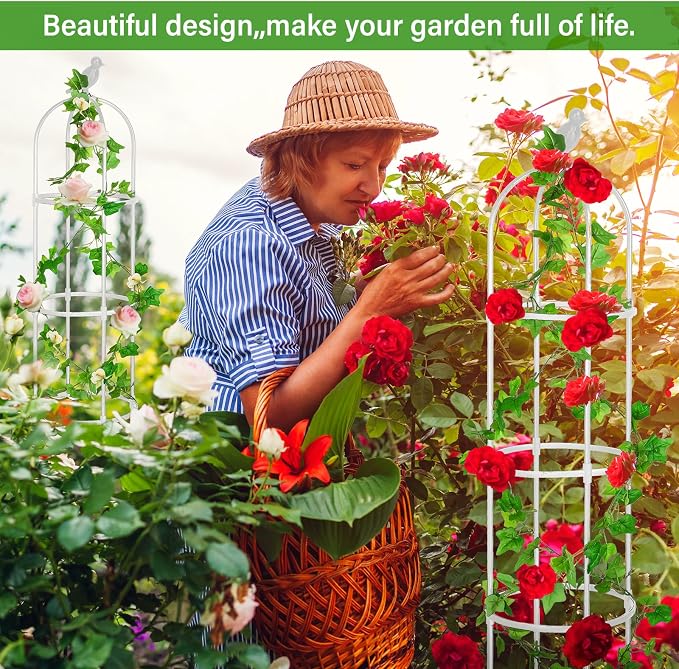 Sadnyy 4 Pack 6 ft Garden Obelisk Trellis for Climbing Plants Outdoor- Heavy Duty Rustproof Metal Pipe with Plastic Coated Plant Trellis for Clematis Grape Pea Vines Tomatoes Cucumbers Flowers(White)