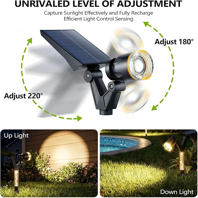 DenicMic Solar Lights Outdoor Waterproof Adjustable Solar Spot Lights Outdoor 3000K Warm White Lens LED for Yard Garden Patio Pathway Flag Tree House Landscape Lighting Outside 2 Pack