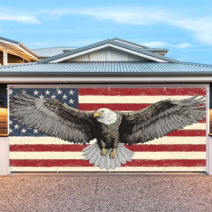 7 * 16FT Eagle USA Flag Garage Door Cover Decorations Independence Day Garage Door Banner for Outdoor Indoor Patriot Party Photography Backdrop