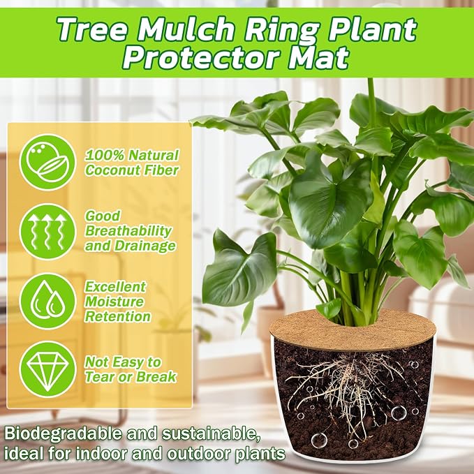 Legigo 10pcs Coconut Fiber Mulch Ring Tree Plant Protector Mat, 14 Inch Natural Coco Coir Tree Mulch Ring Plant Pot Soil Cover, Tree Rings Disc Plant Cover for Indoor Outdoor Plants, Landscaping