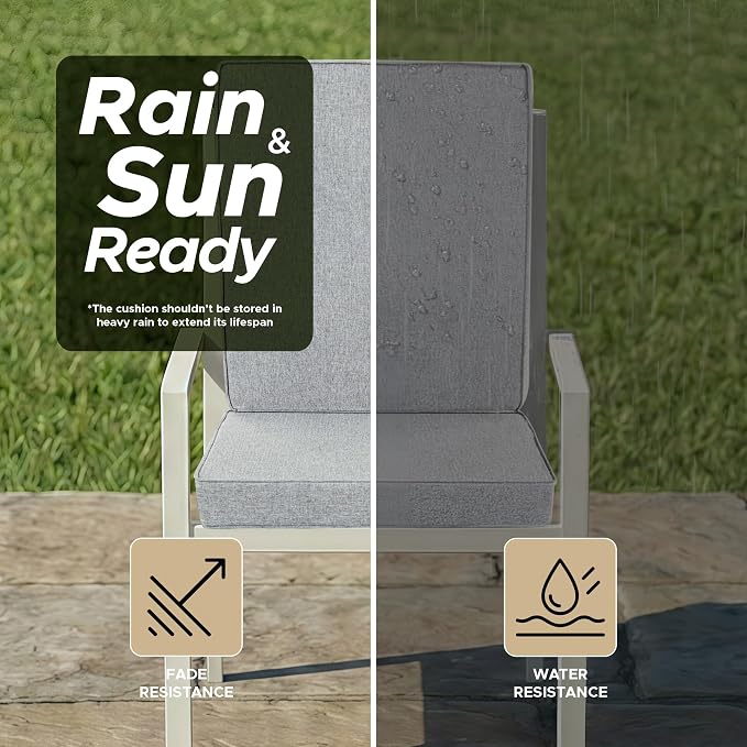 Outdoor Chair Cushions, Water-Resistant & Fade-Resistant, Patio Furniture Lawn Dining Chair Seat Replacement with Mid Back, Ties Zipper, Removable Cover, 18 x 16.5 Inch, Set of 2, Light Grey