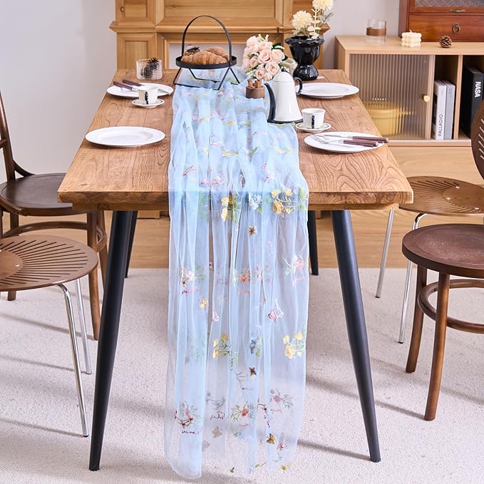 vctops 2 Packs Embroidery Lace Spring Table Runner 10ft Floral Garden Seasonal Tulle Table Runner Holiday Kitchen Dining Table Decoration for Wedding Party Baby Shower Birthday (Blue,30"x120")