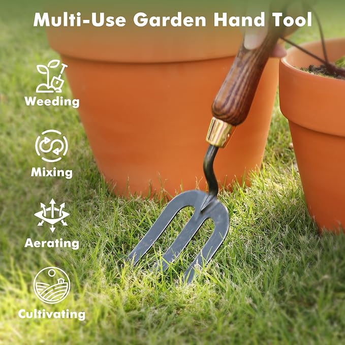 RESTMO Heavy Duty Gardening Hand Fork, Thickened Hand Weed Fork Tool with Ergonomic Handle for Planting, Turning Soil, Weeding, Digging, and Cultivating