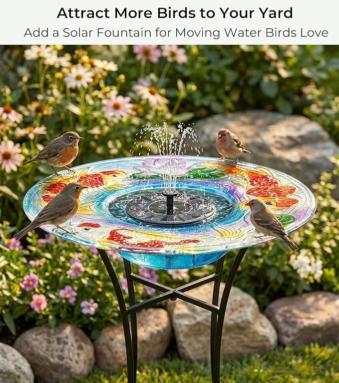 Bird Bath with Stand for Outside, Fits Solar Fountain Pump, Glass Birdbath Bowl for Garden Yard, Koi Design, Decorative Indoor Outdoor, Easy Clean, 21" H