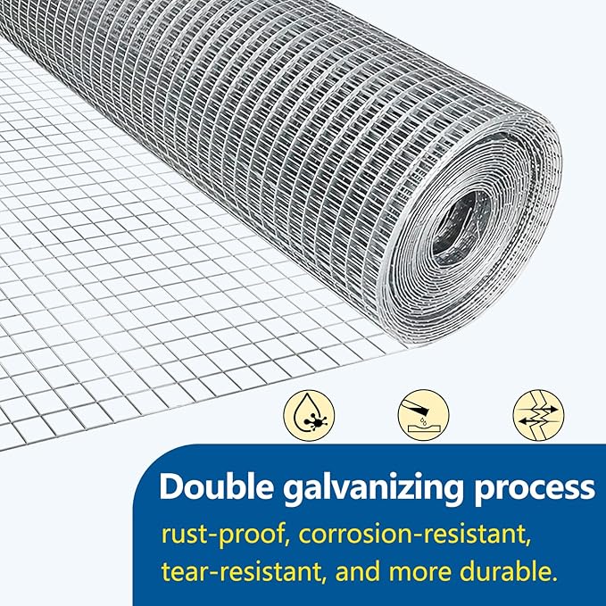 Hardware Cloth 1/2 inch 19Ga Double Hot-Dipped Galvanized After Welding Wire Fence Mesh Welded Metal Chicken Wire Fencing Roll (Silver 1/2 8X25)