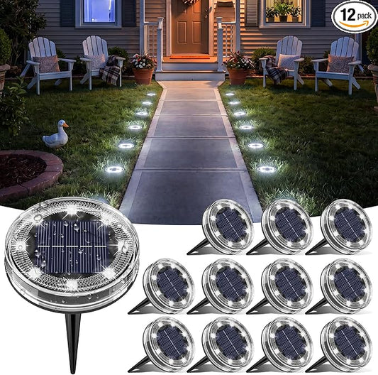 vighep 12 Pack Solar Ground Lights, 2.8 inch Flat Solar Light Outdoor Waterproof, Anti Rust, Low Profile Led Solar Powered Disc Lights Landscape Lighting for Yard,Walkway,Lawn,Path - Cool White