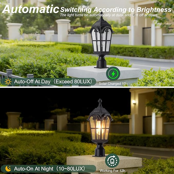 Solar Post Lights Outdoor with Bulb Dusk to Dawn Lamp Posts Outdoor Lighting Waterproof Solar Post Lamp Anti-Rust Exterior Pole Light Outside Pole Lighting for Yard Pathway Driveway Fence