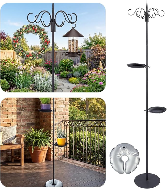 1 Set Upgraded 75.9" Shepherds Hook for Bird Feeder, Hanging Plant Wind Chime Stand, Metal Adjustable Standing Pole Holder for Indoor Outdoor, with 2 Rack & Weight Bag (4 Hooks)