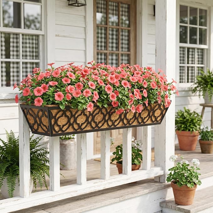 Y&M 6-Pack 30 Inch Railing Planter Boxes, Hanging Balcony Planter, Adjustable Deck Railing Planter Box, Metal Window Boxes Outdoor for Fence, Porch